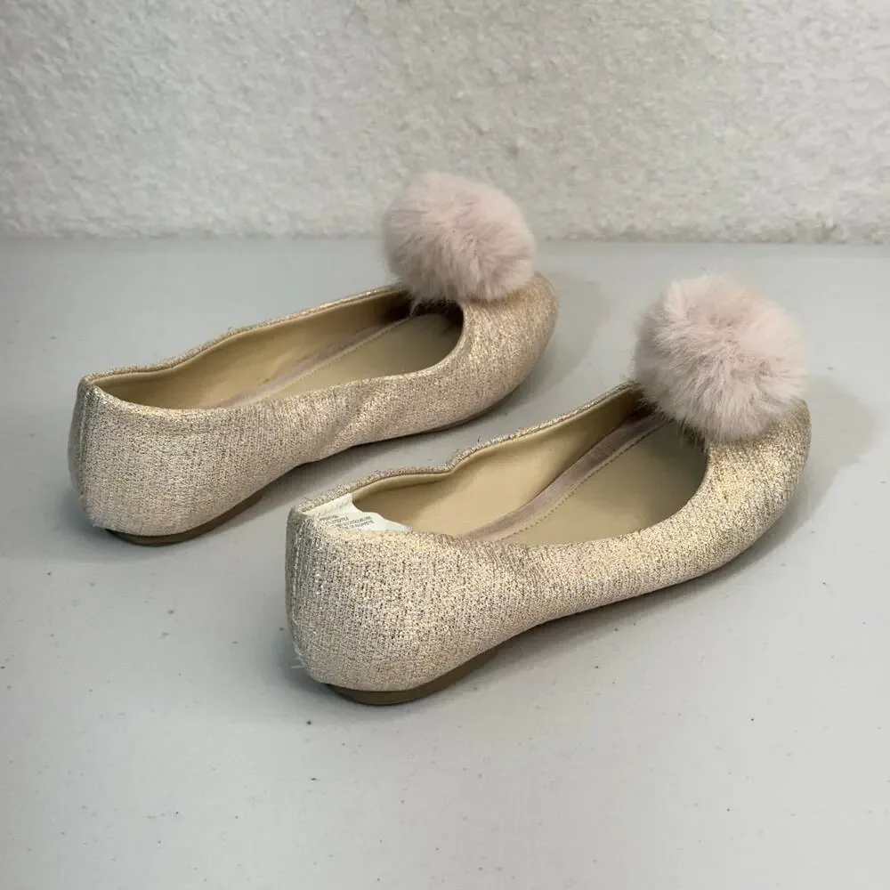 Gymboree Metallic Rose Gold Pink Ballet Flats Fluff Pom-Poms Size 1 Spring Dress